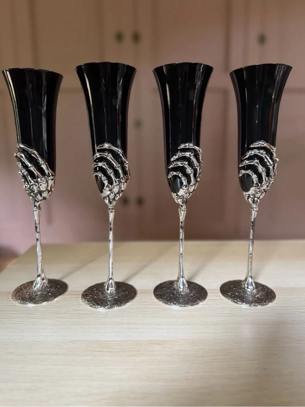 POTTERY BARN Skeleton Hand Black Champagne Flute Bar SET OF 4 HALLOWEEN